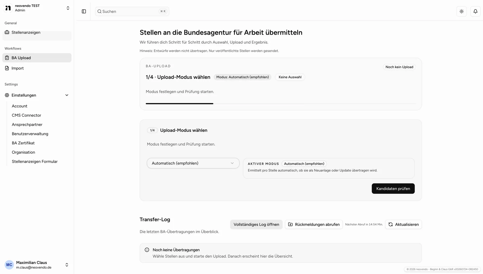 Upload-Assistent mit vier Schritten von der Moduswahl bis zum Ergebnis