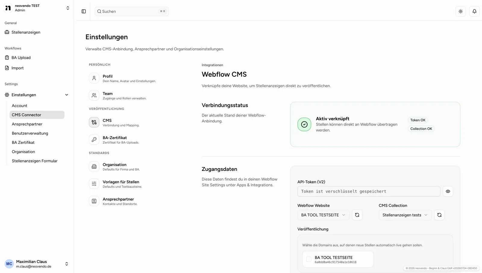 CMS-Connector mit Verbindungsstatus, Collection-Auswahl und Feld-Zuordnung