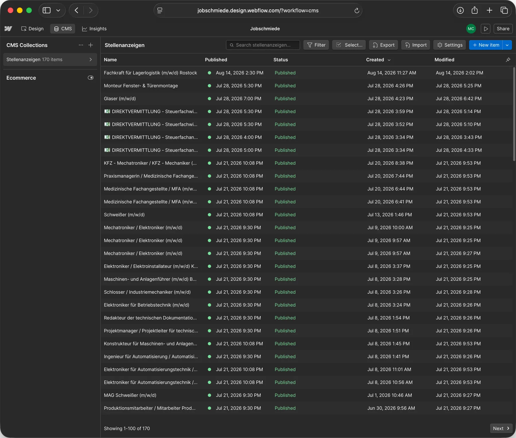 Webflow-CMS der Jobschmiede: 170 Stellenanzeigen, alle mit Status „Published“
