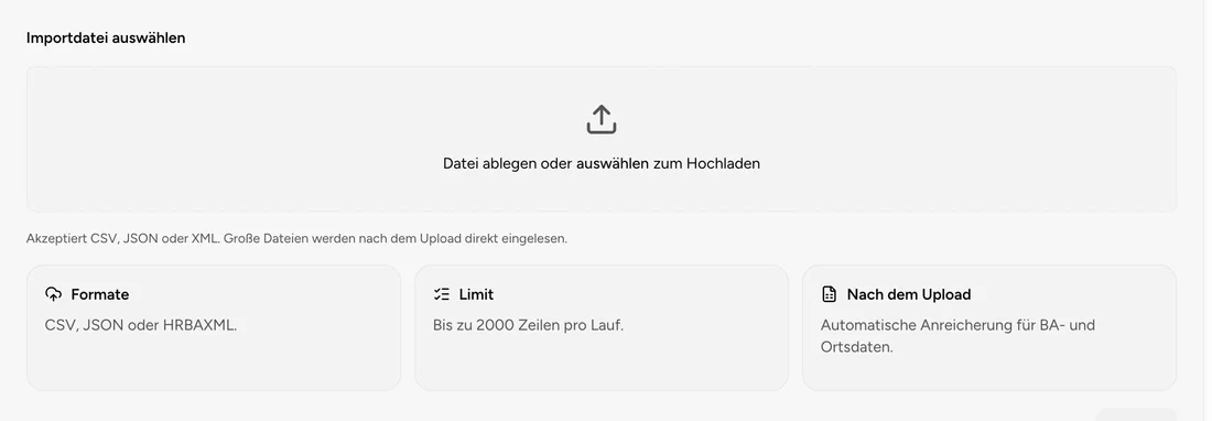 Ablagefläche des Stellenimports mit erklärenden Infokacheln