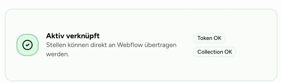 Statuskarte „Aktiv verknüpft“ mit Prüf-Badges für Token und Collection
