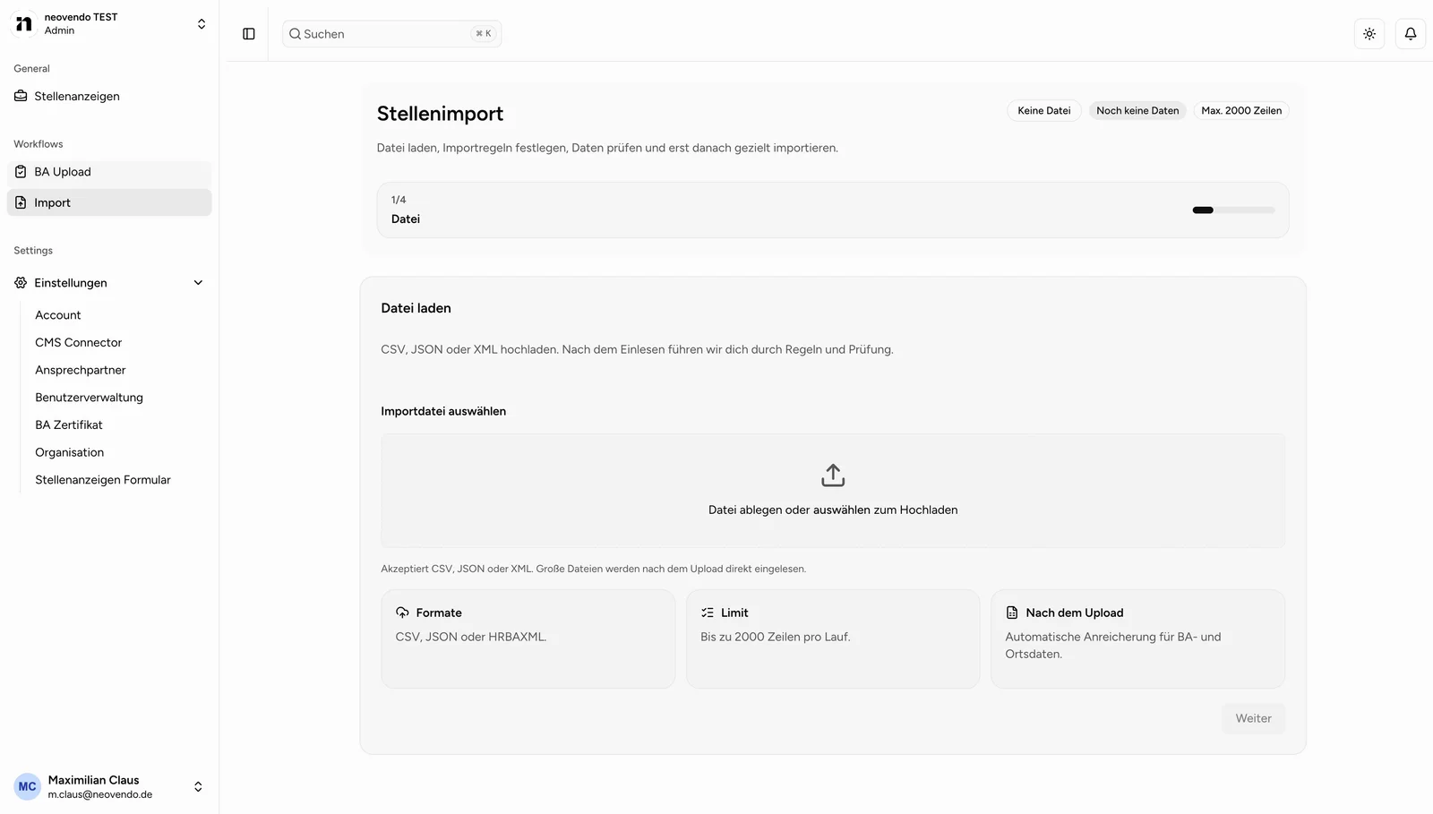 Stellenimport: CSV, JSON oder HR-BA-XML einlesen – mit Ablagefläche und Fortschritt