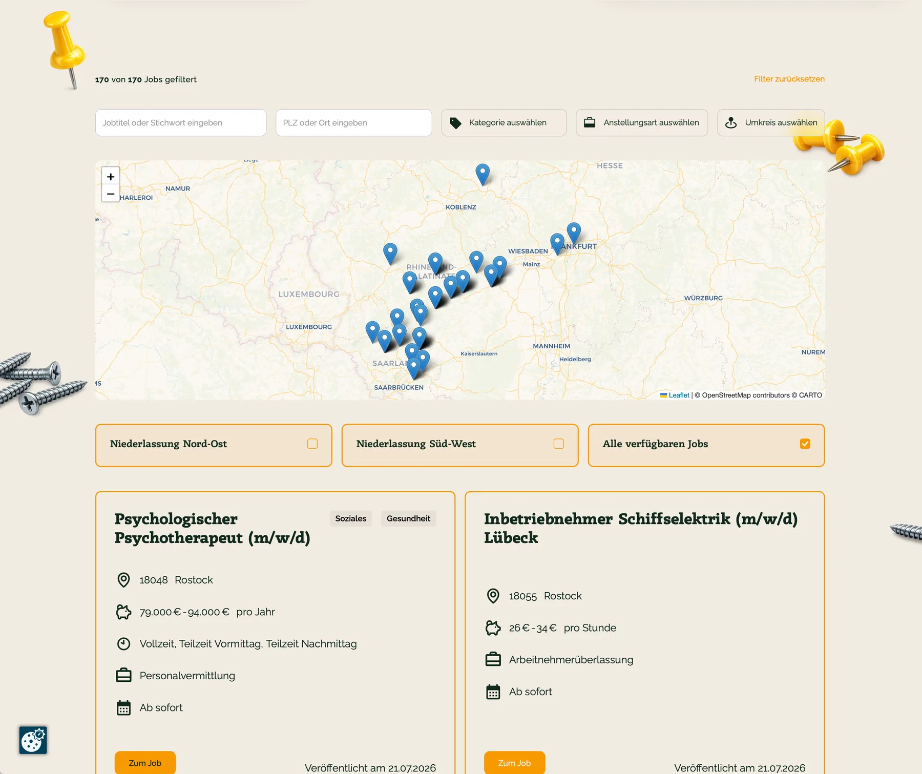 Stellenübersicht auf der Website der Jobschmiede mit Karte und gefilterten Anzeigen