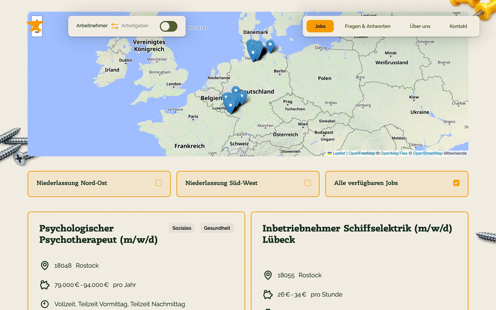 Jobsuche der Jobschmiede-Website mit Karte und Filtern nach Niederlassung