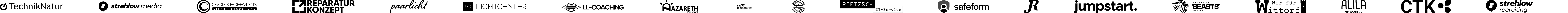 Kundenlogos: Technik & Natur, Strehlow Media, Grob & Hoffmann, Reparaturkonzept, Paarlicht, Lichtcenter, LL-Coaching, Nazareth, Jobschmiede, GCK, Pietzsch, Safeform, JR Fotografie, Jumpstart, Brunswick Beasts, Wir für Wittorf, ALILA, CTK, Strehlow Recruiting