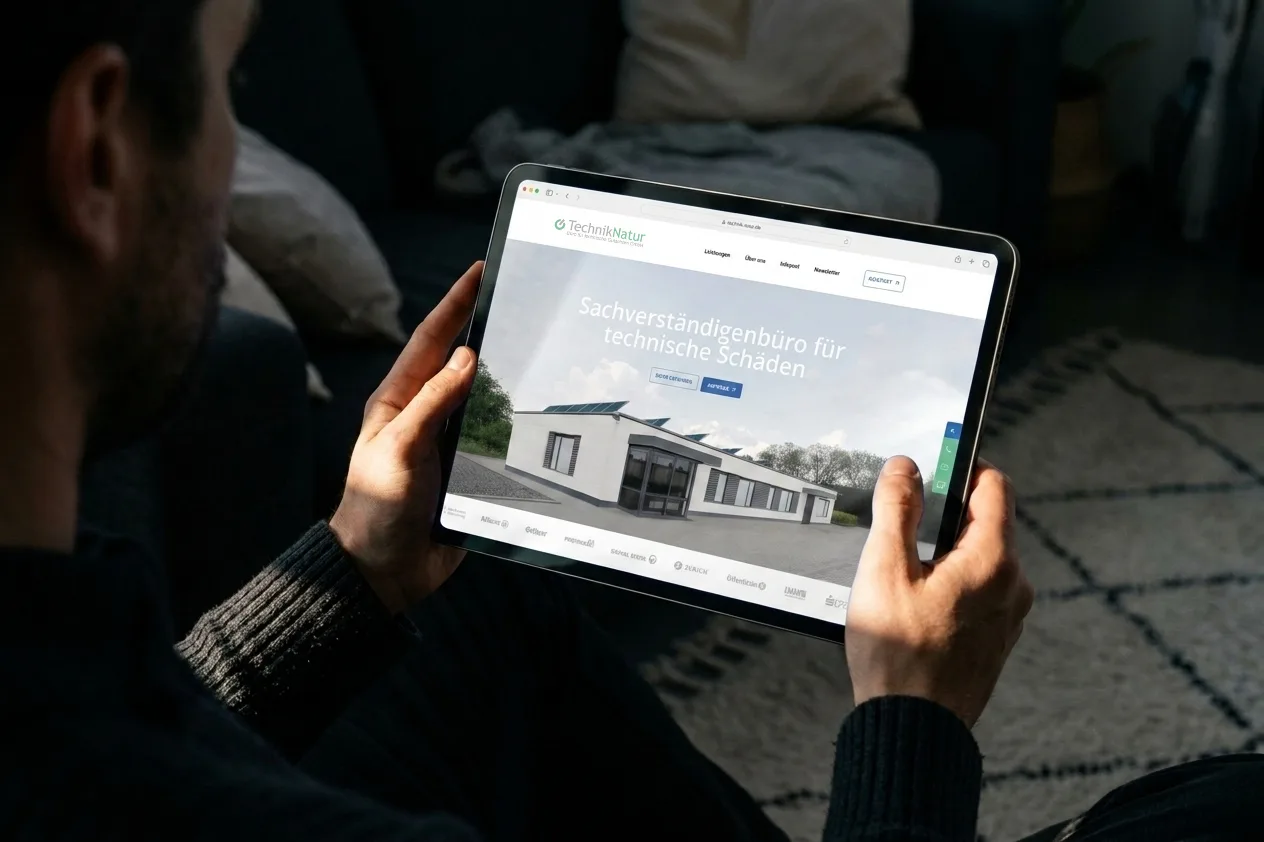 Startseite von Technik & Natur auf einem Tablet: Sachverständigenbüro für technische Schäden