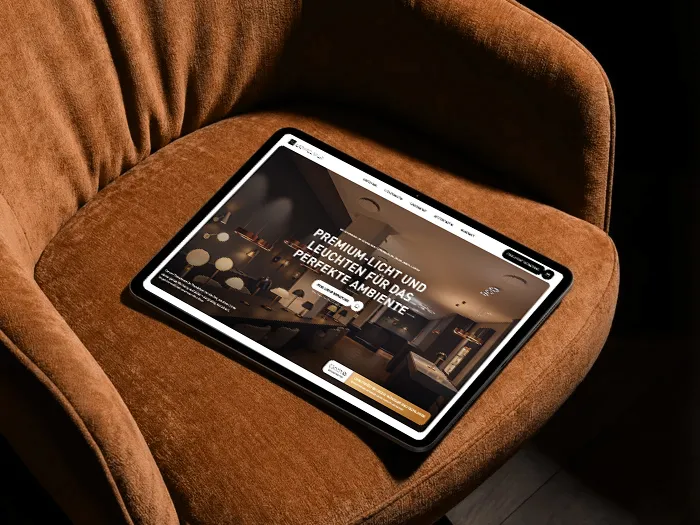 Startseite von Lichtcenter auf einem Tablet: Premium-Licht und Leuchten für das perfekte Ambiente